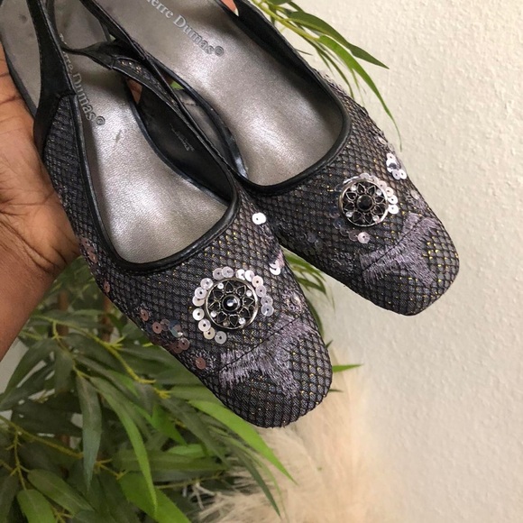 Vintage Romantic Whimsygoth black mules kitten heels pumps slingback sequin bead - Picture 1 of 5